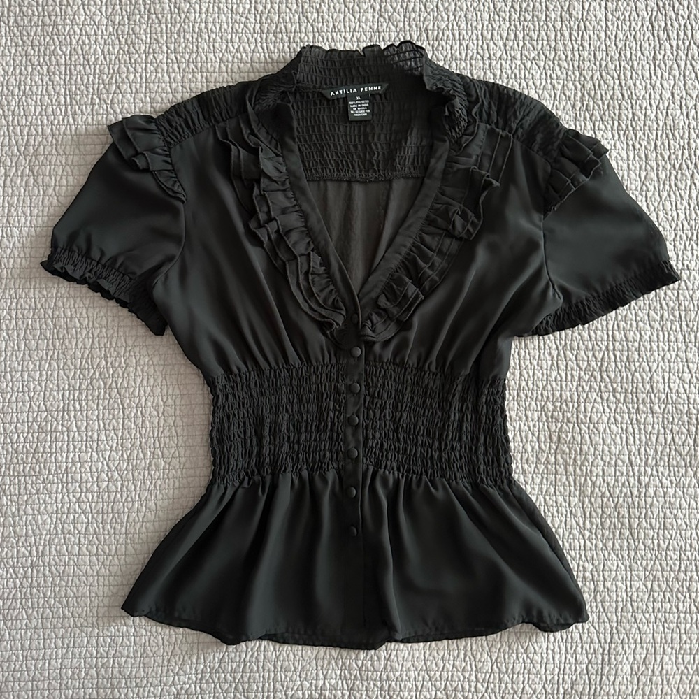 Antilia Femme Ruffle V-Neck Puff Sleeve Blouse